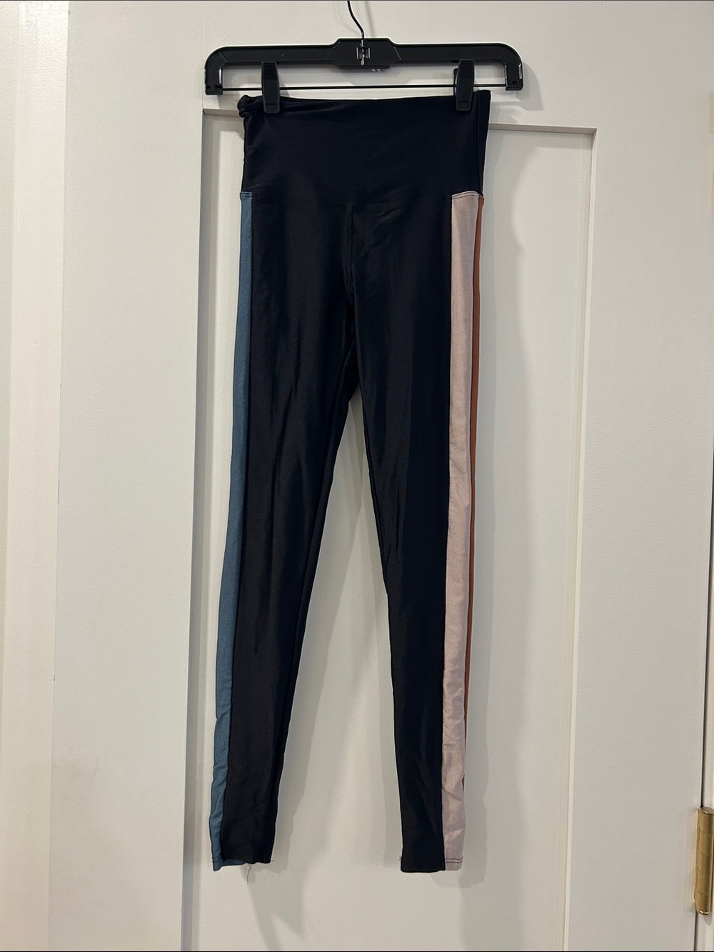 Strut This Black Leggings with Blue/Brown/Beige Side Stripes, One Size (XS)